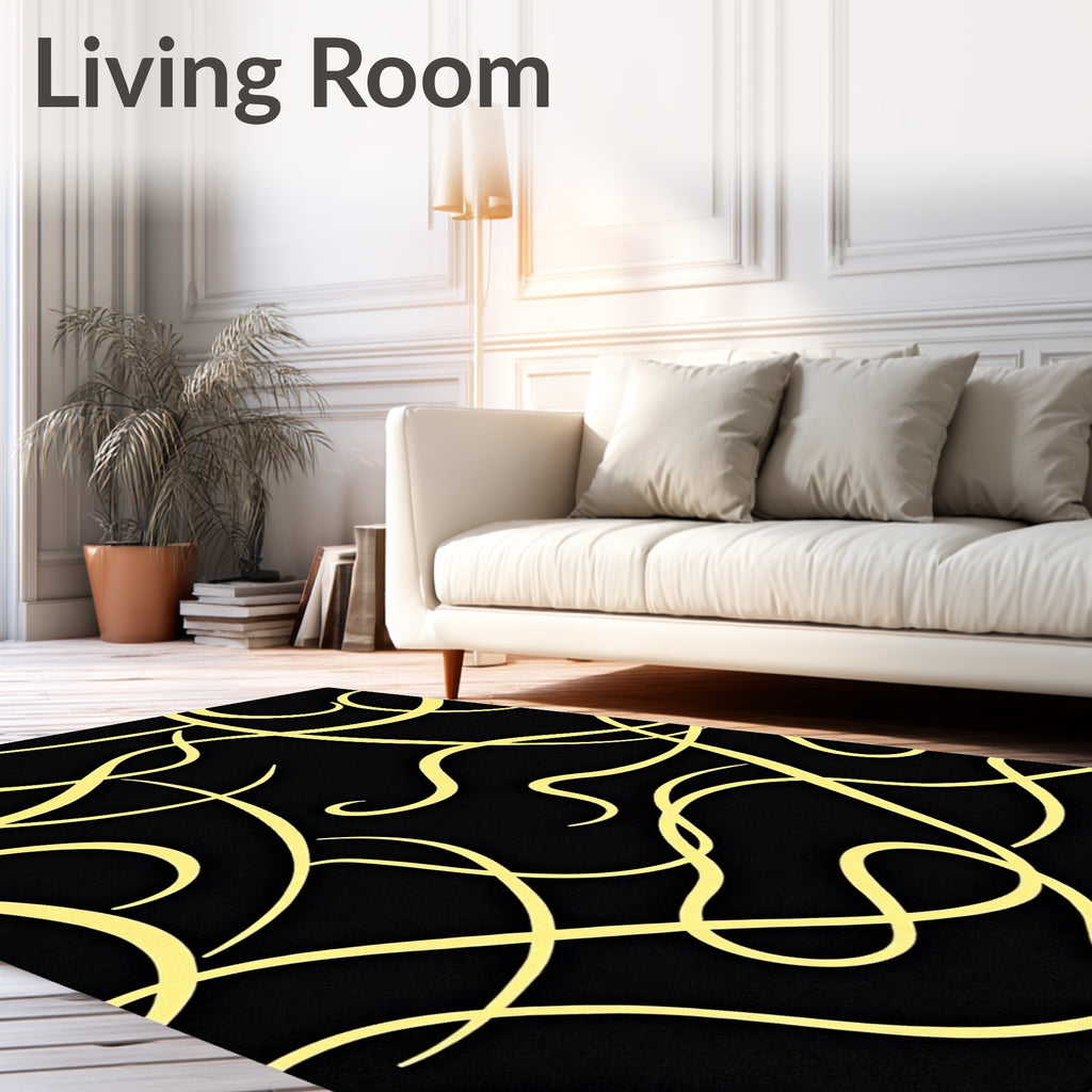 Golden Swirls on Black Canvas Rug