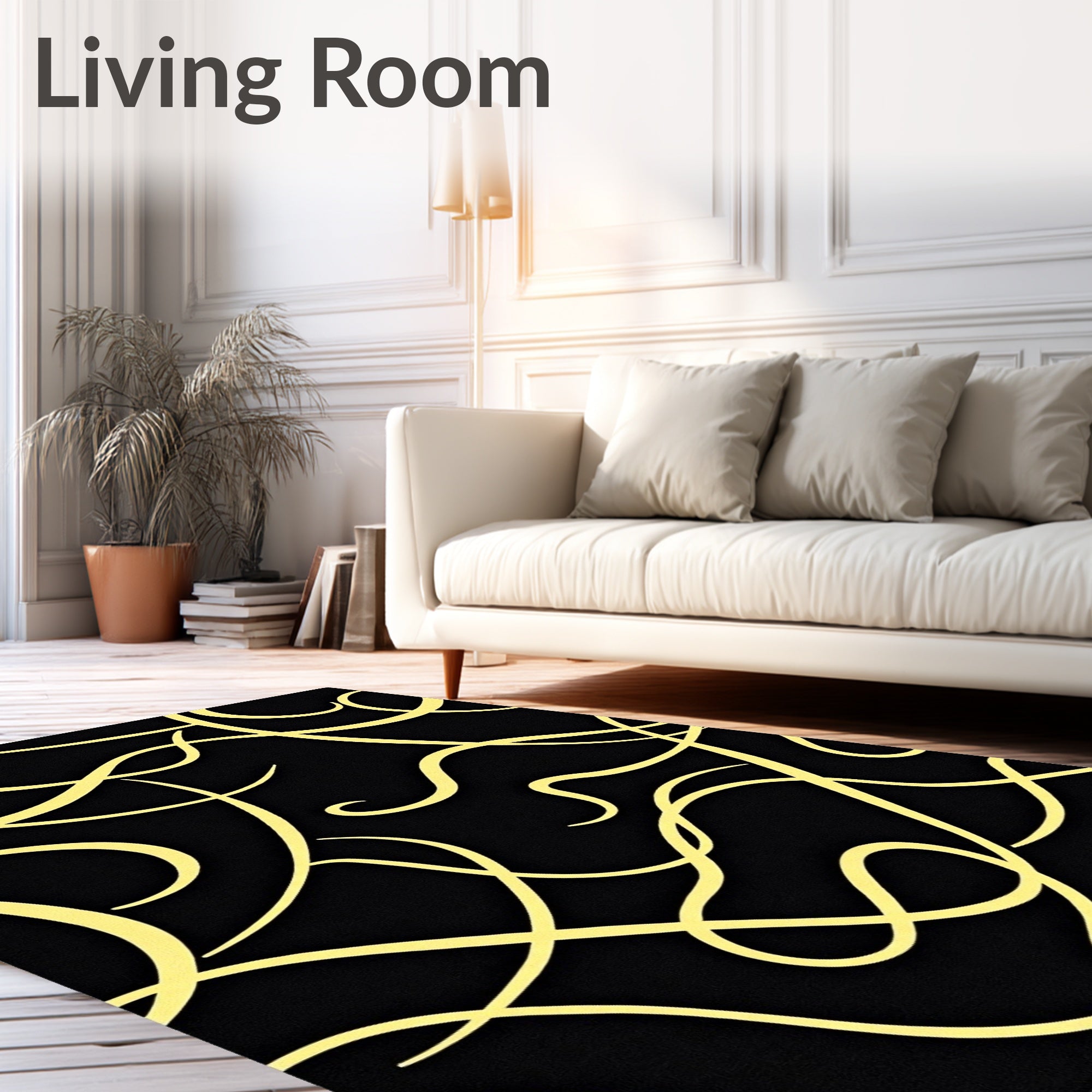 Golden Swirls on Black Canvas Rug