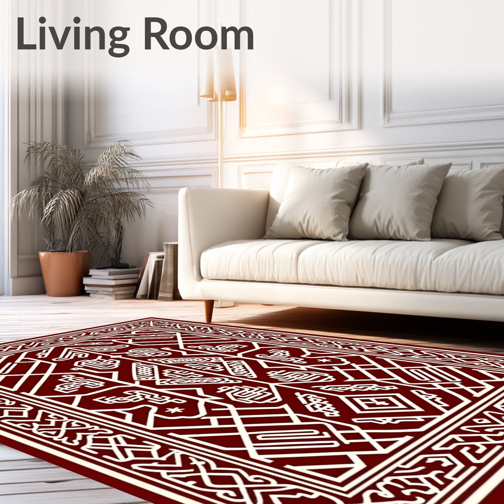 Crimson White Interlocking Geometric Fabric Rug