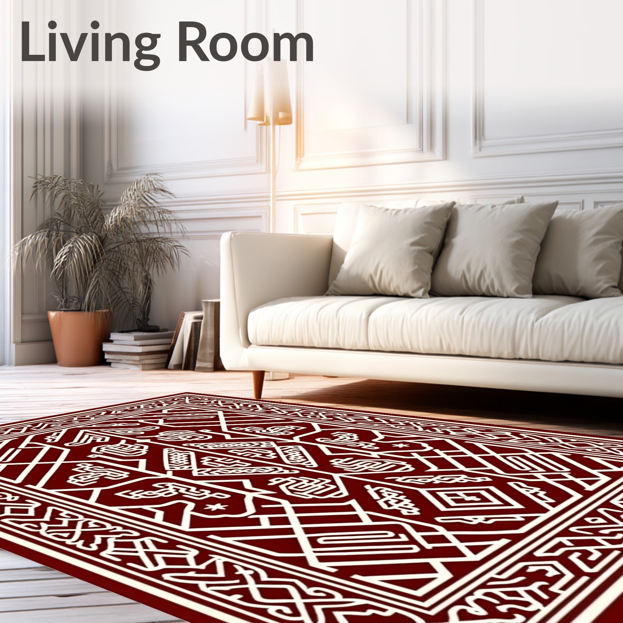 Crimson White Interlocking Geometric Fabric Rug