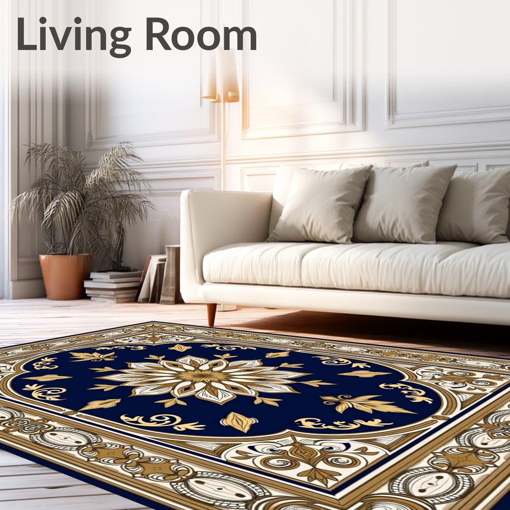 Navy Gold Floral Medallion Frame Rug