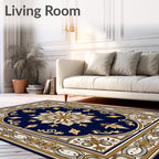Navy Gold Floral Medallion Frame Rug
