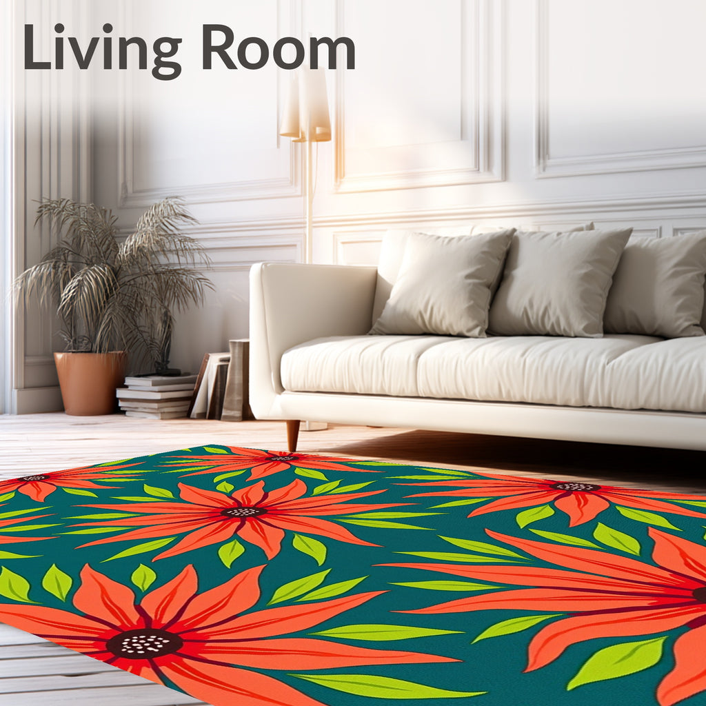 Bold Orange Floral Teal Garden Rug
