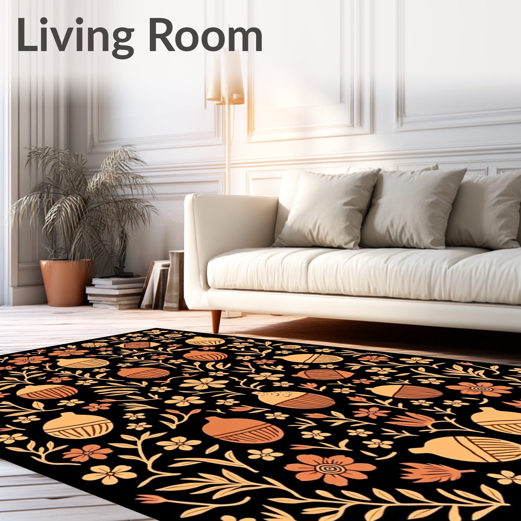 Orange Acorn Floral Black Background Rug