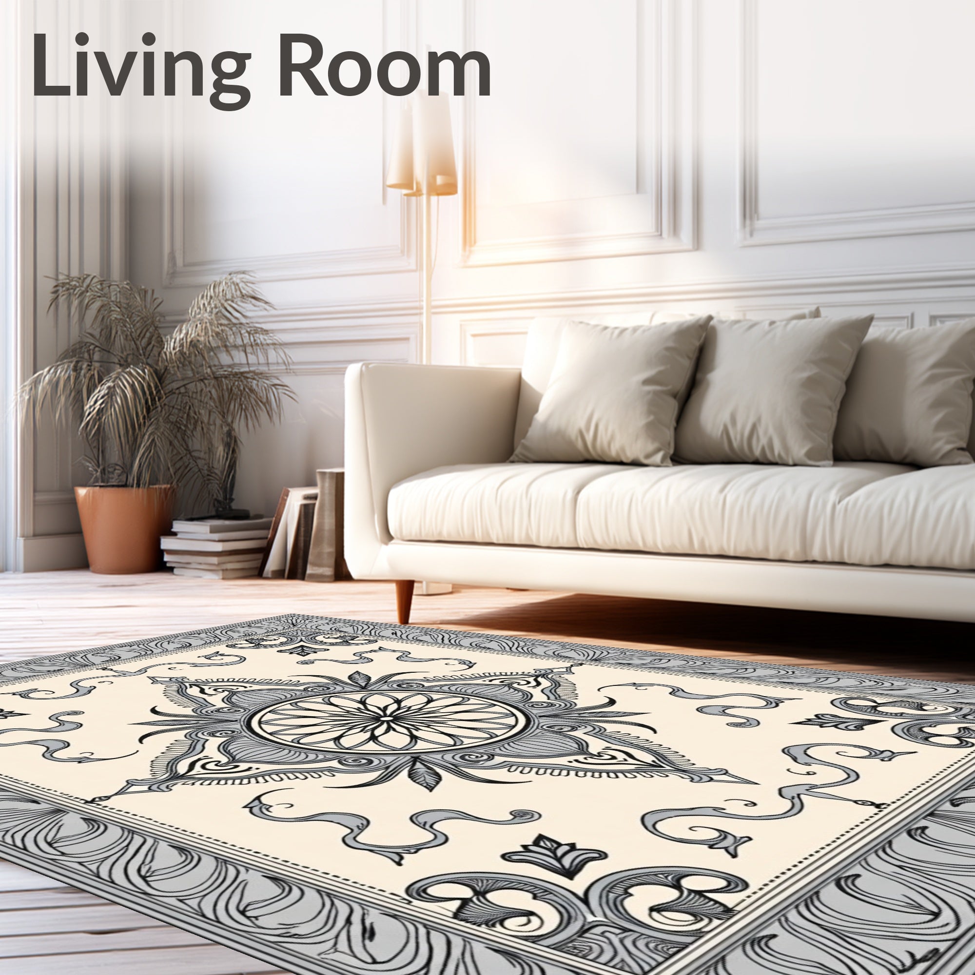 Cream Gray Ornate Floral Medallion Rug