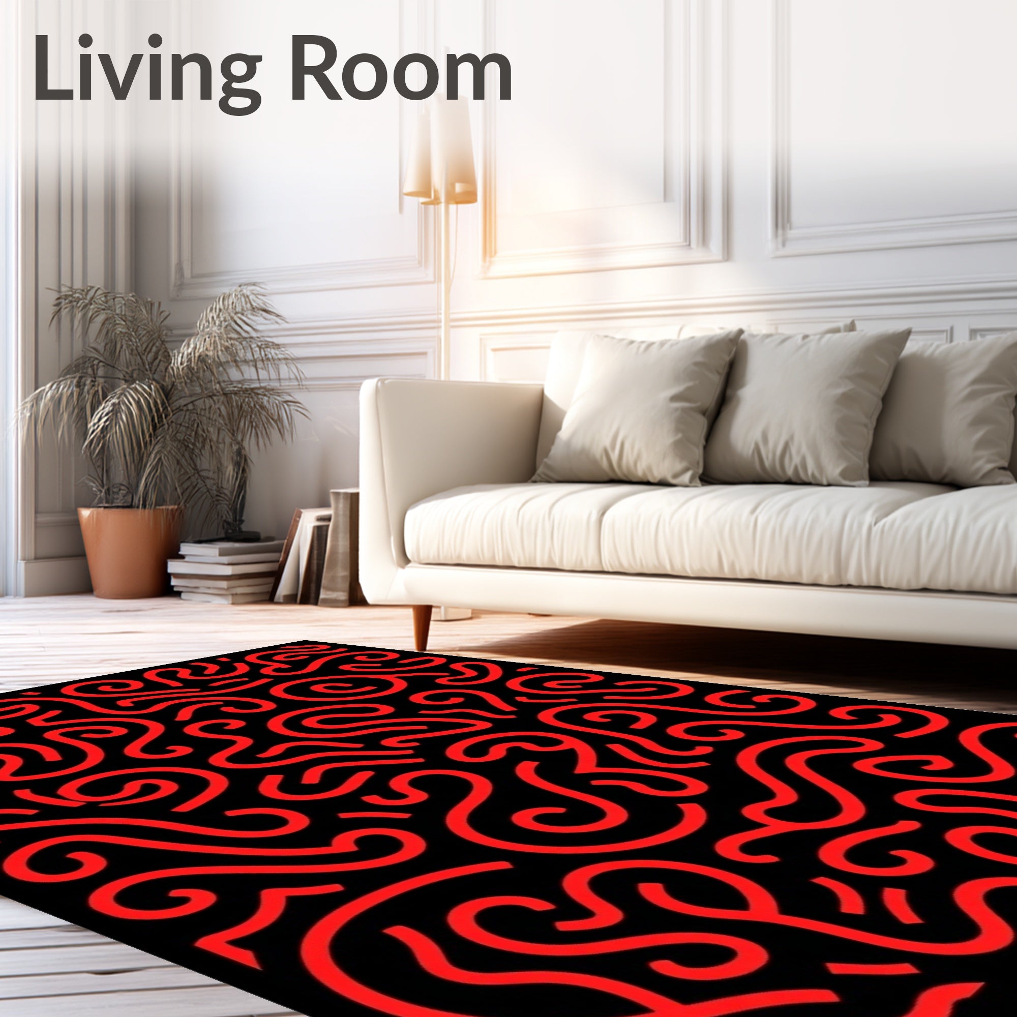 Red Swirls Black Abstract Rug