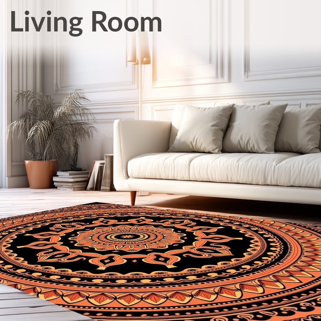 Vibrant Orange Black Mandala Round Rug