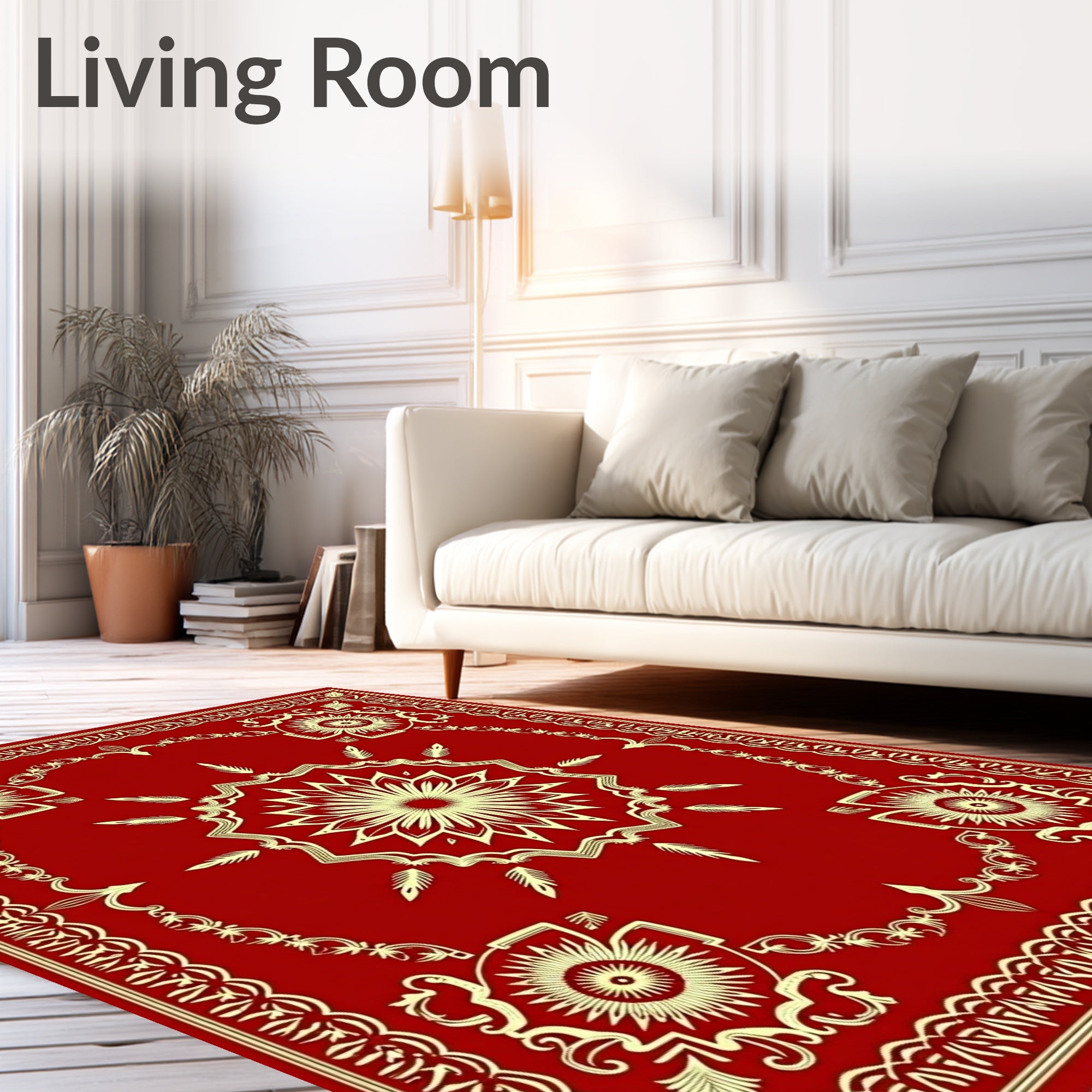 Crimson Sunburst Floral Medallion Border Rug