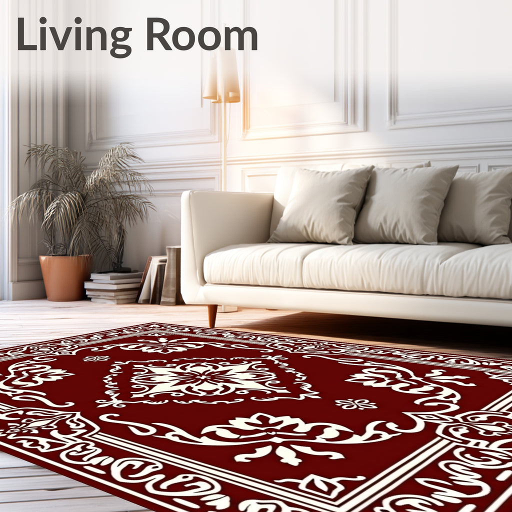 Rich Burgundy Ornate Floral Square Rug