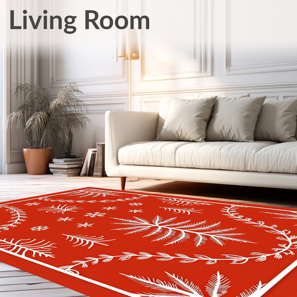 Crimson and White Winter Forest Snowflakes Rug