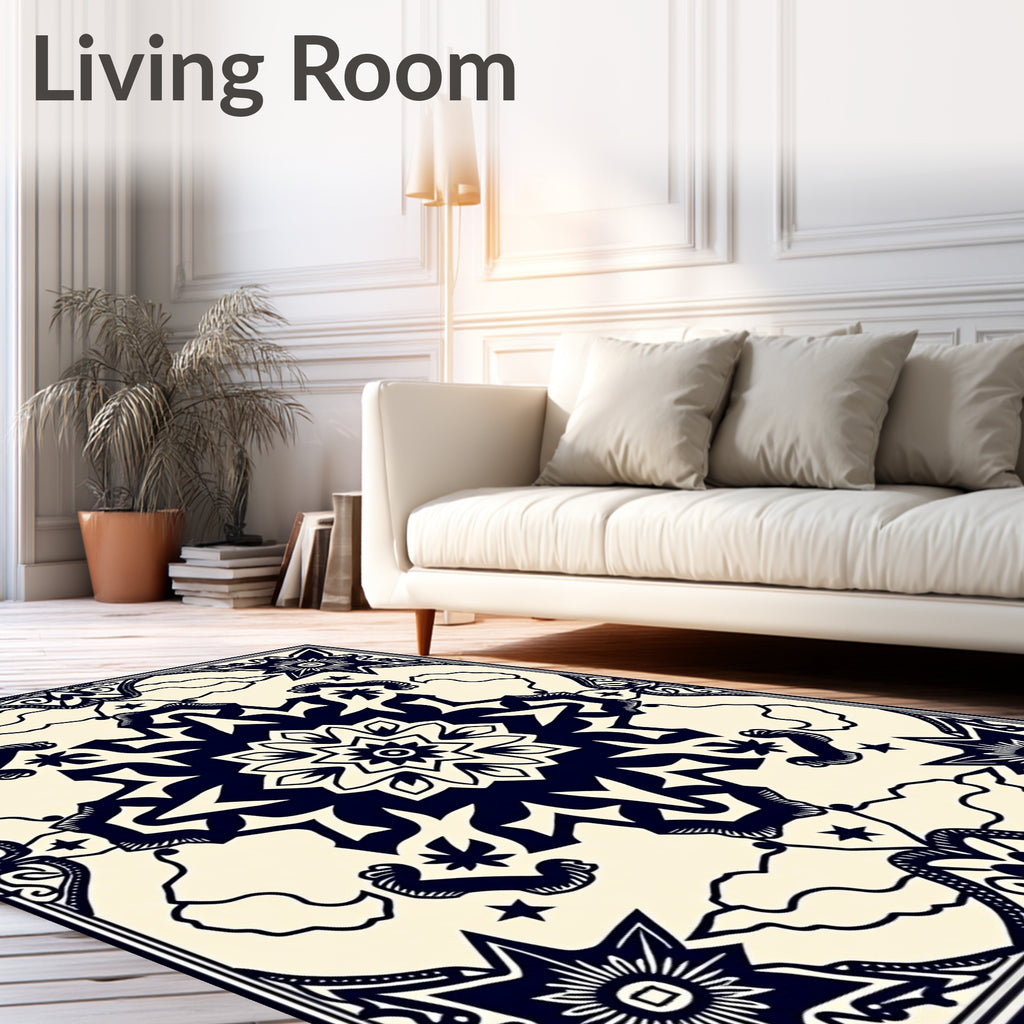Dark Blue Starburst Mandala Cream Rug
