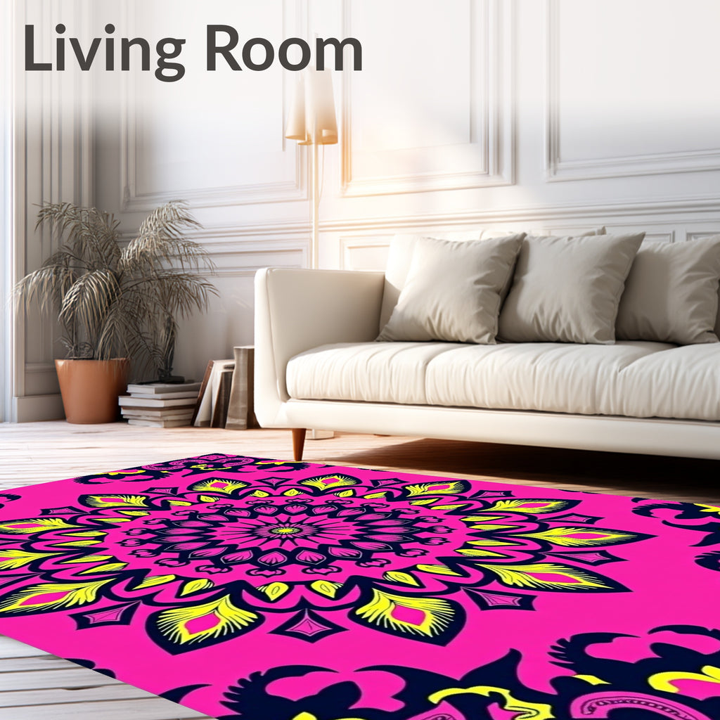 Vibrant Pink Yellow Sunburst Mandala Rug