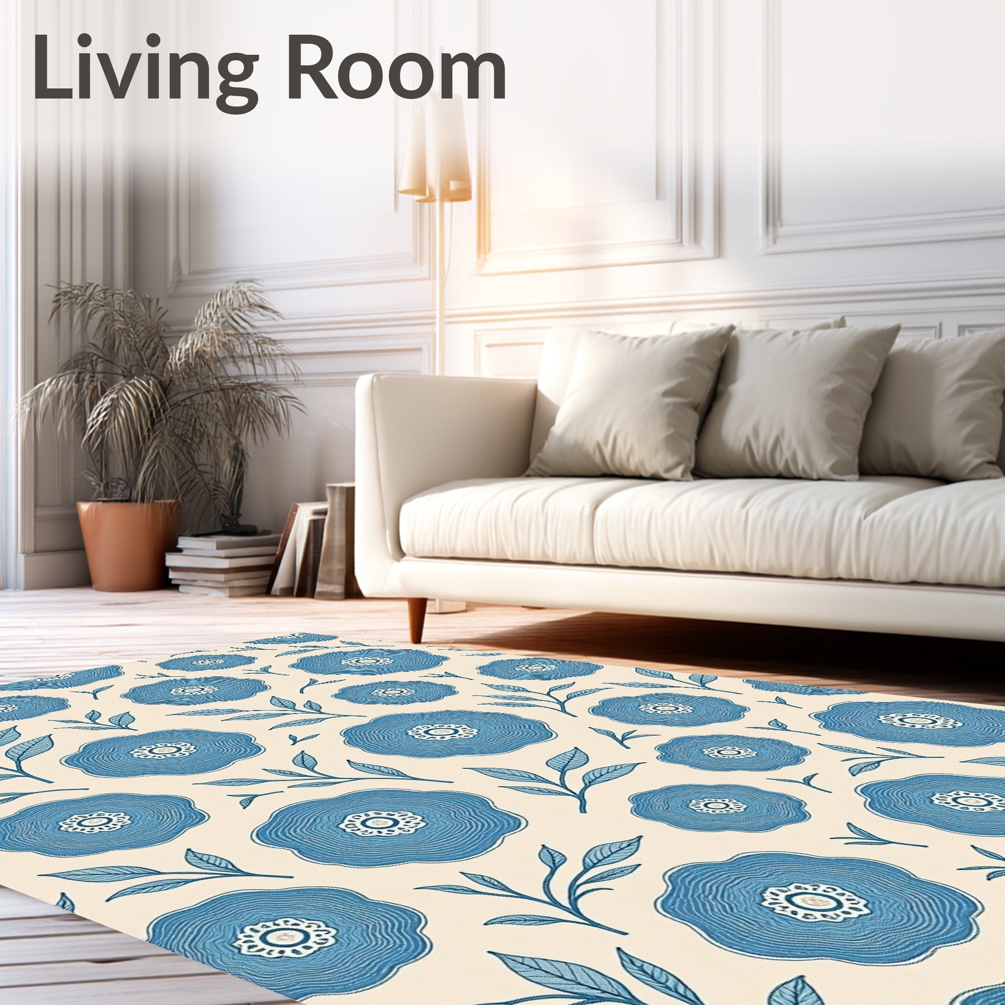 Blue Floral Branches Cream Background Rug