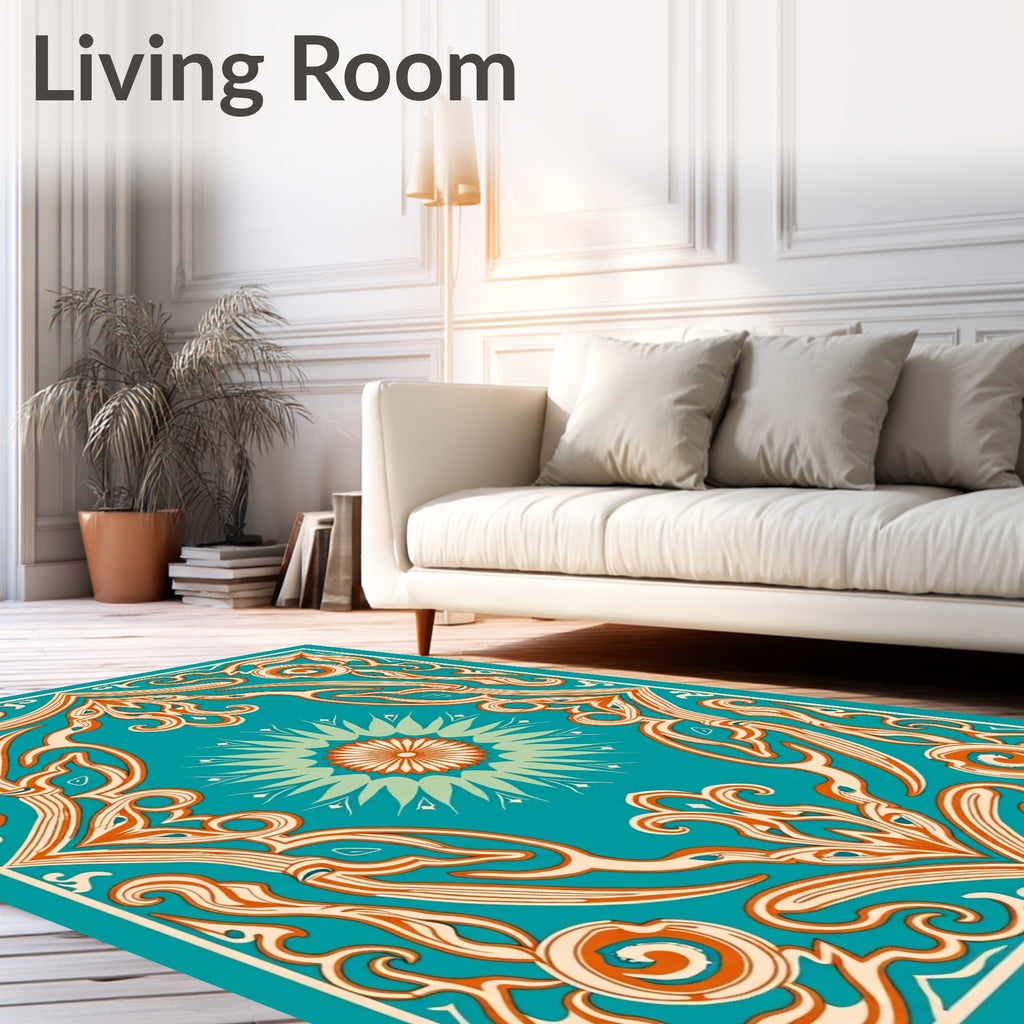 Turquoise Orange Floral Medallion Frame Rug