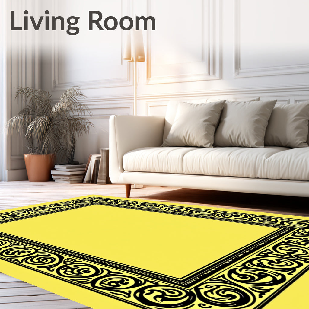 Black Ornate Scrollwork Golden Border Rug