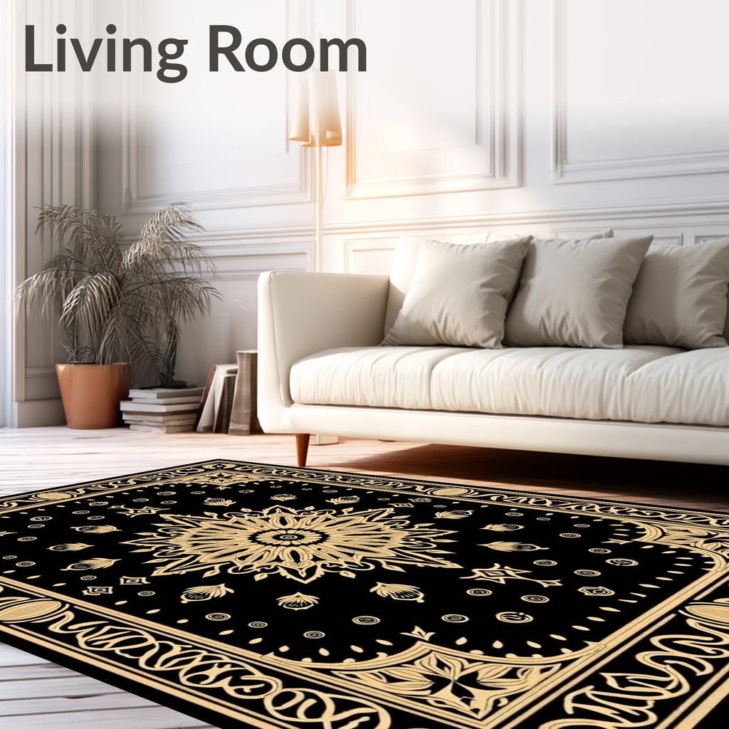 Black Gold Medallion Floral Border Rug