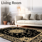 Black Gold Medallion Floral Border Rug