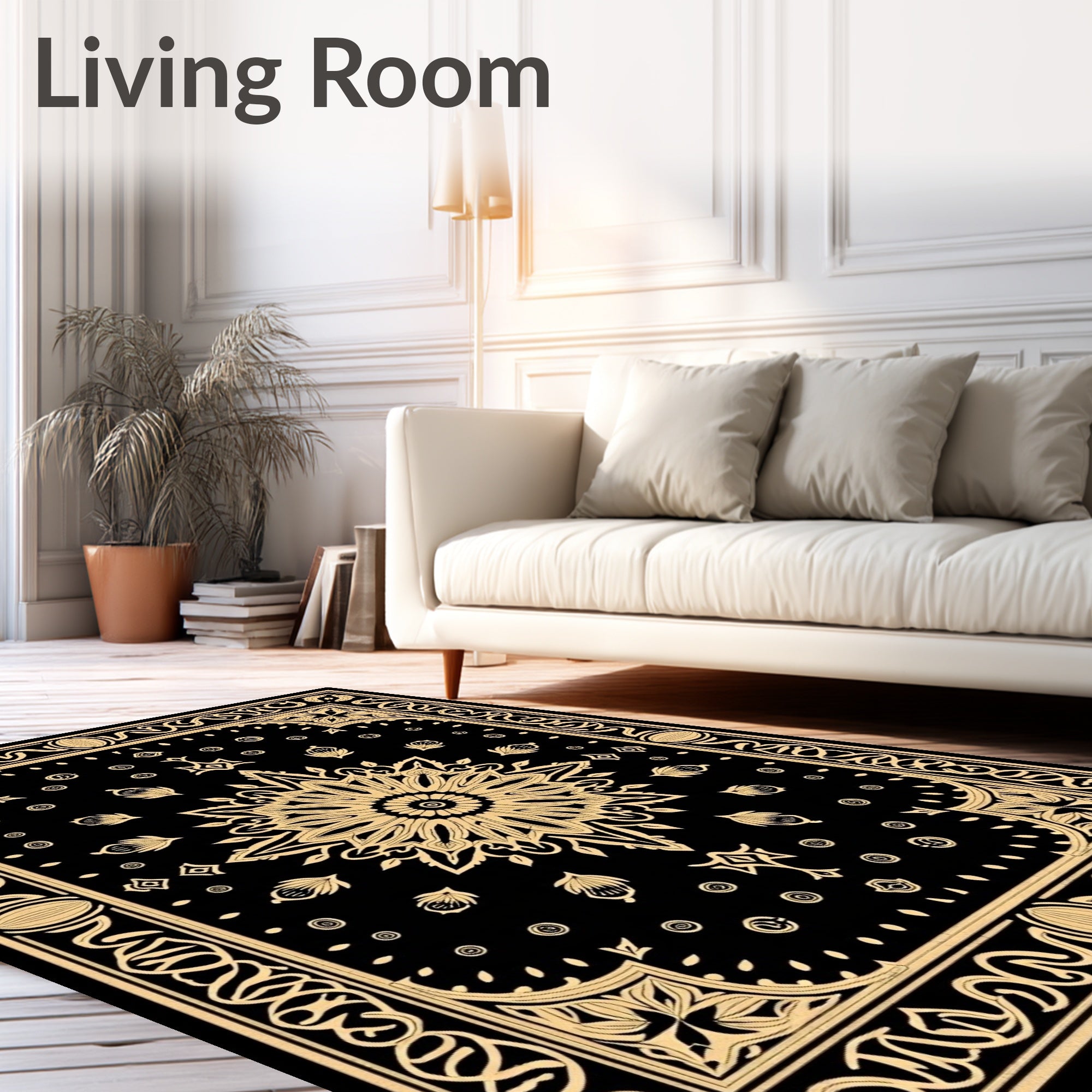 Black Gold Medallion Floral Border Rug
