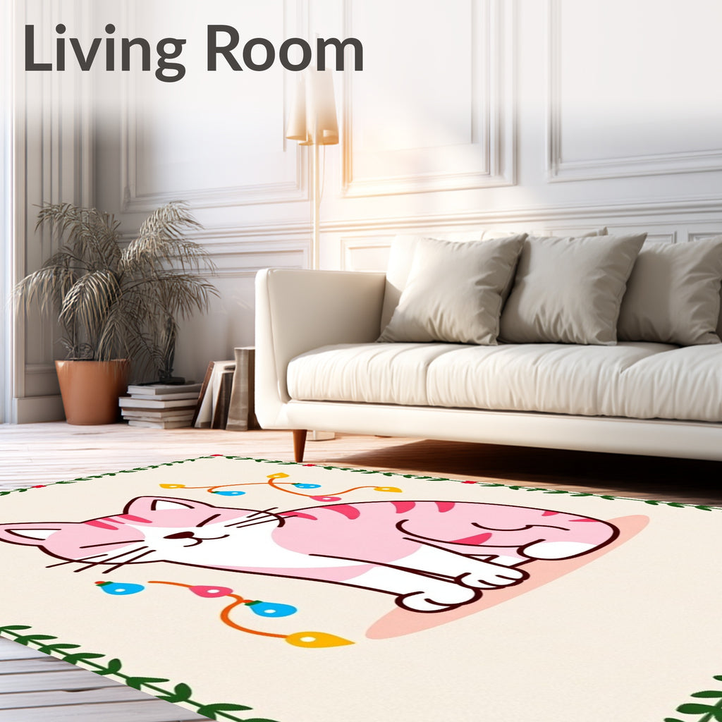 Pink Kitten with Festive Lights Border Rug