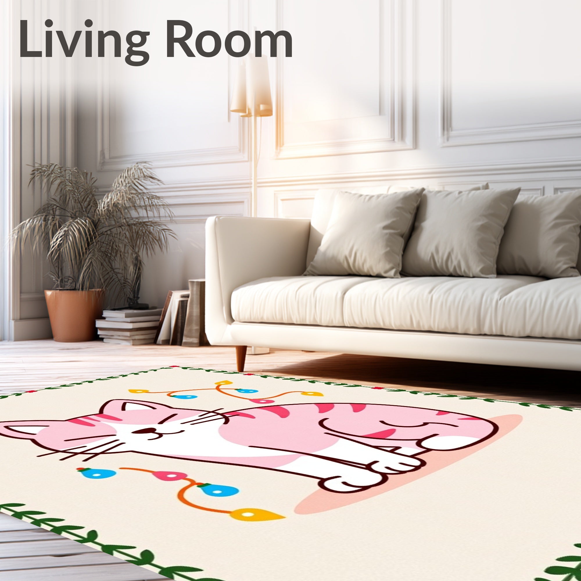 Pink Kitten with Festive Lights Border Rug