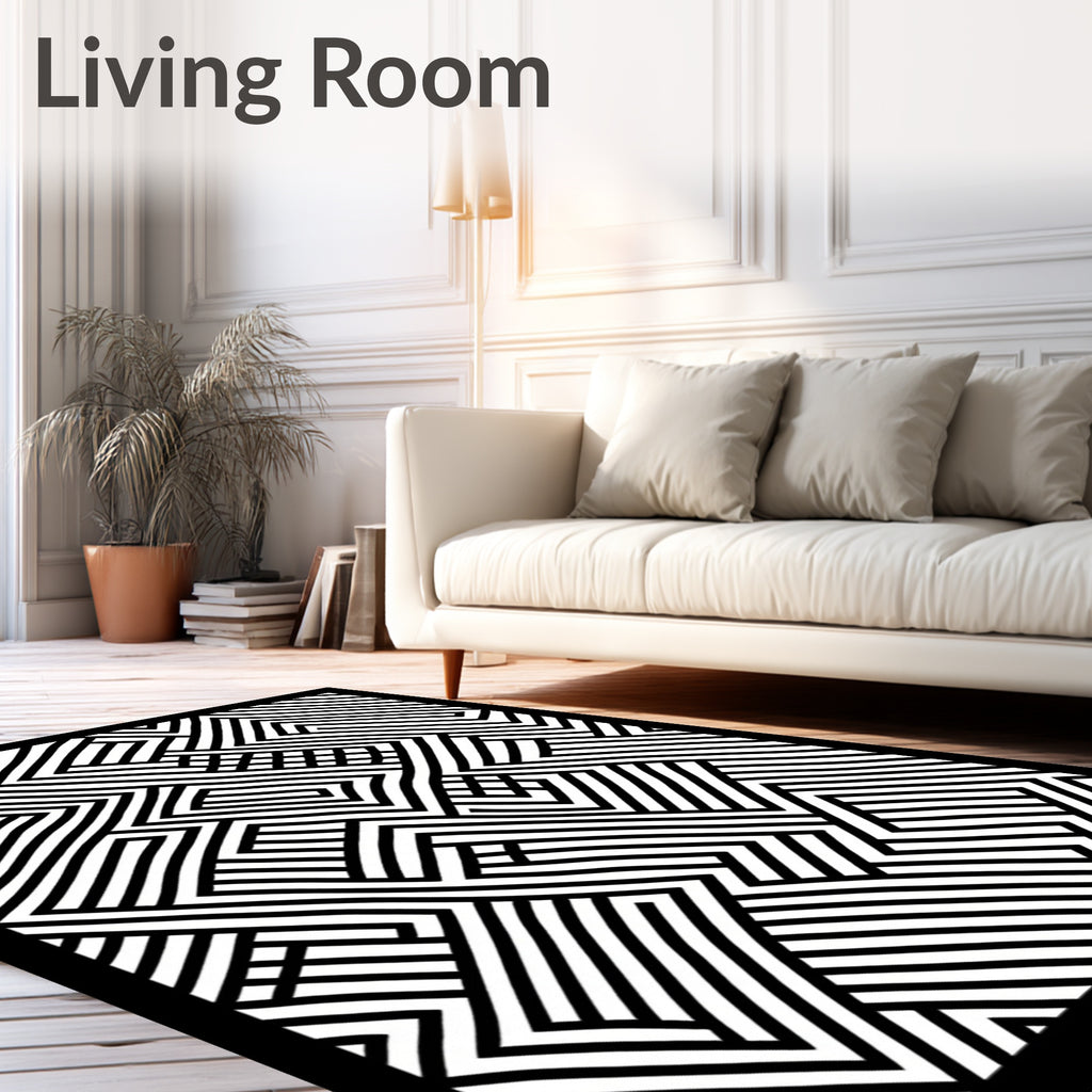 Striped Black White Labyrinth Rug