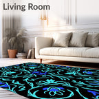 Aqua Blue Floral Vine Black Rug