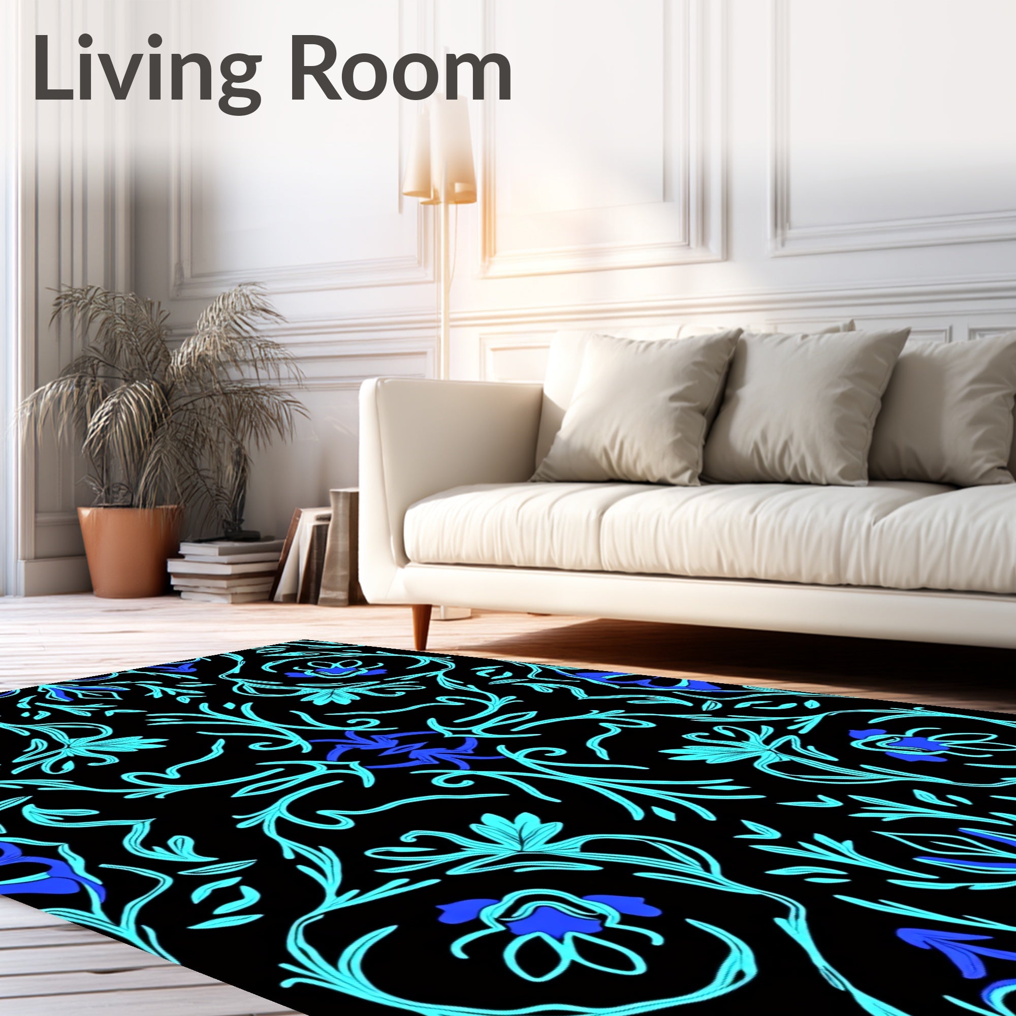 Aqua Blue Floral Vine Black Rug