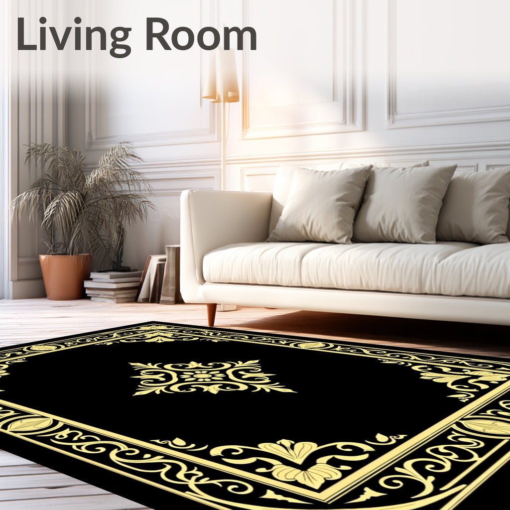 Ornate Gold Floral Border Black Rug
