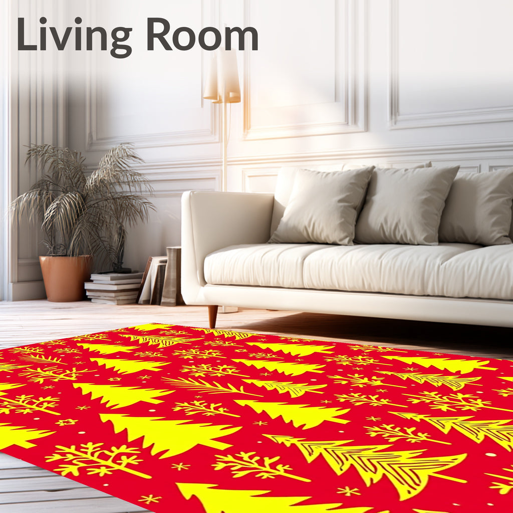 Yellow Evergreen Forest Red Background Rug