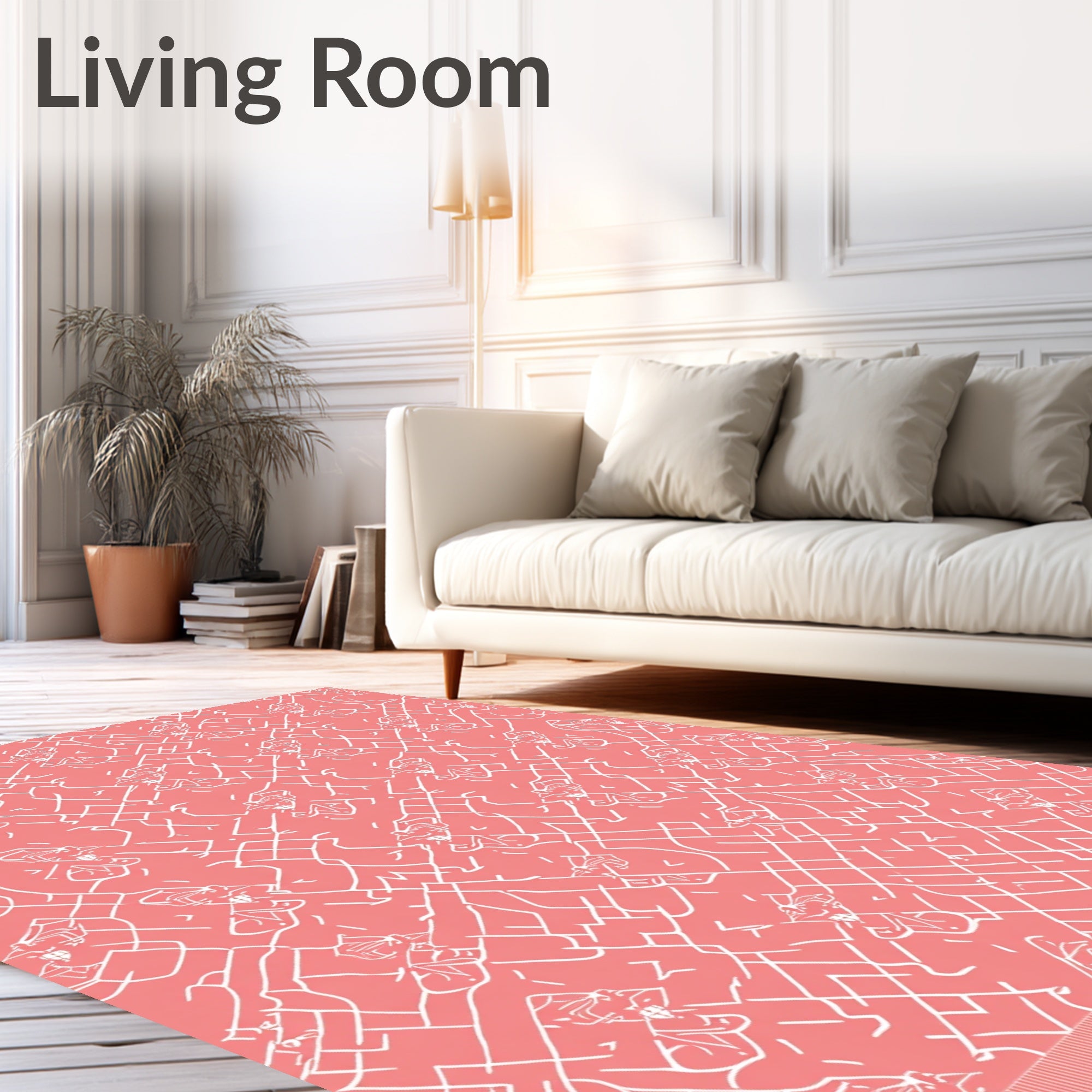 Coral White Line Art Repeating Figures Rug