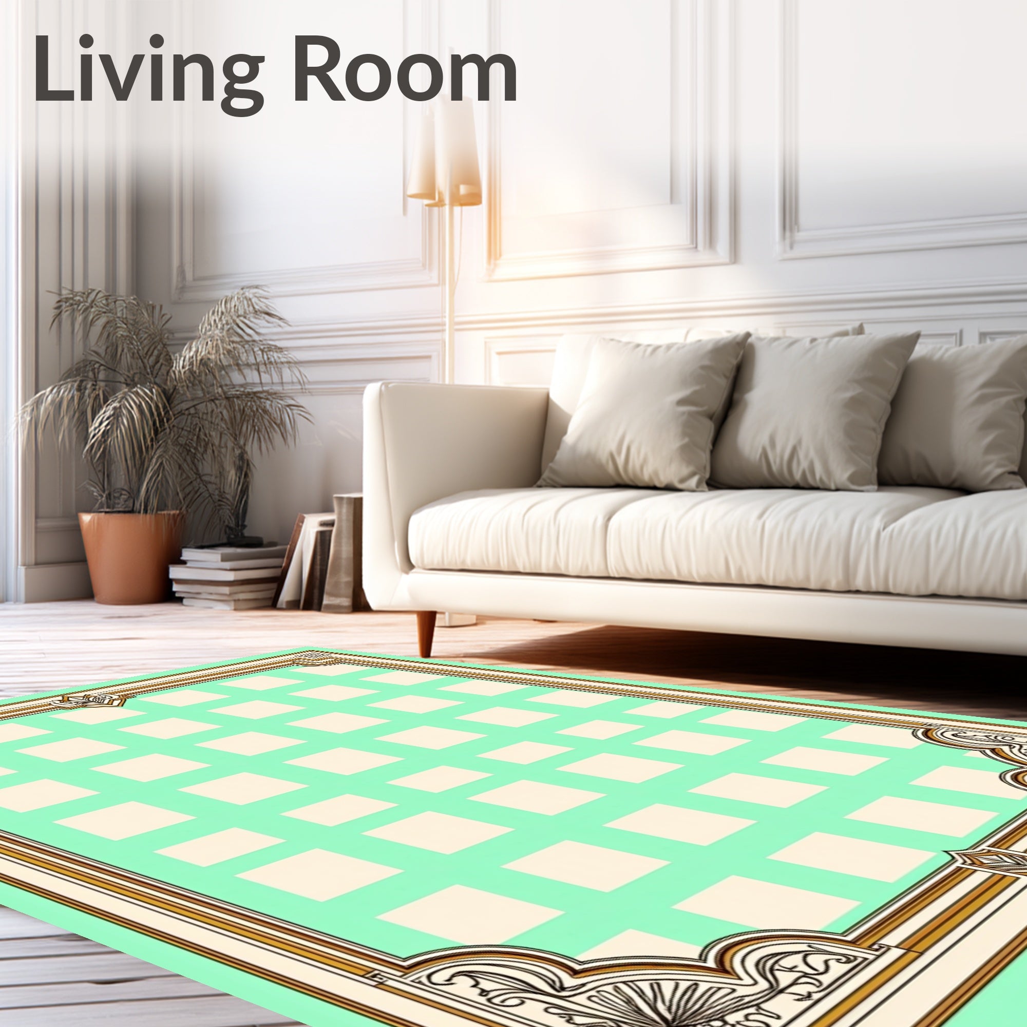 Mint Green Square Grid Ornate Border Rug
