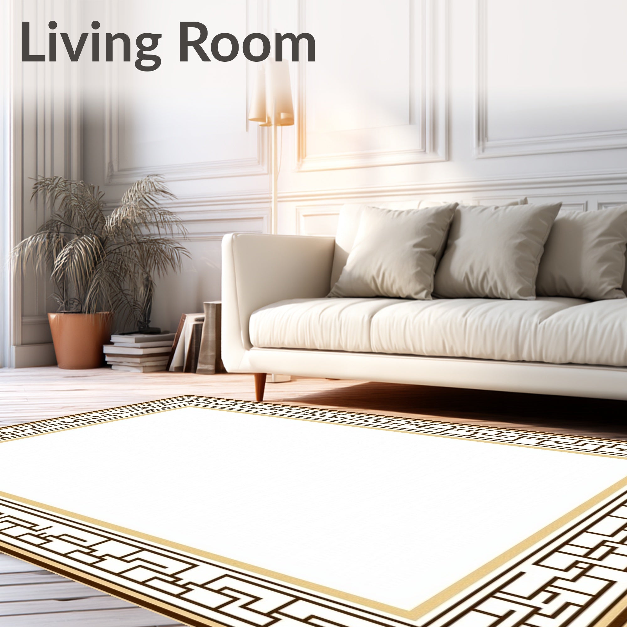 Brown Gold Greek Key Geometric Border Rug
