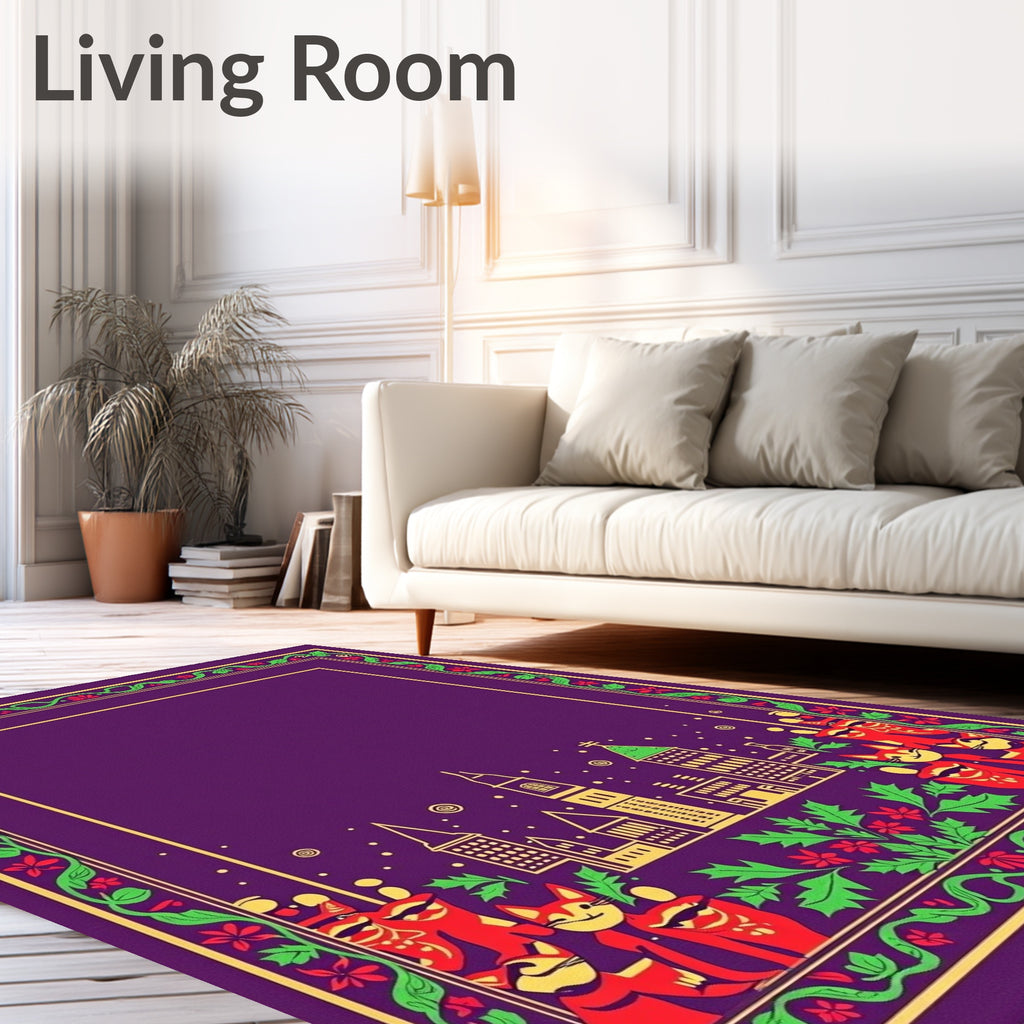 Purple Floral Whimsical Cityscape Cat Rug