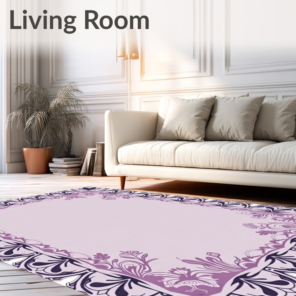 Ornate Lilac Floral Scroll Frame Rug