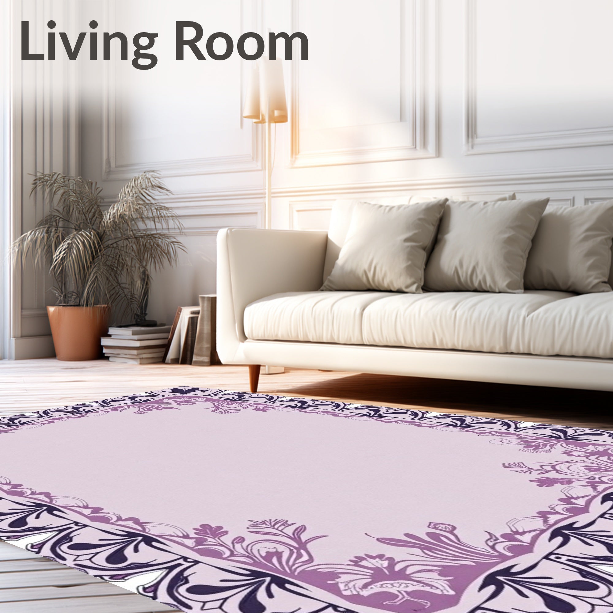 Ornate Lilac Floral Scroll Frame Rug