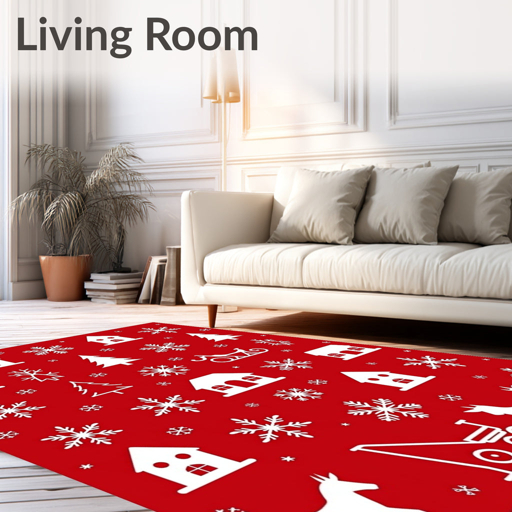 Red and White Winter Village Snowflakes Rug