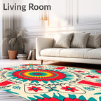 Bold Red Yellow Teal Sunburst Rug