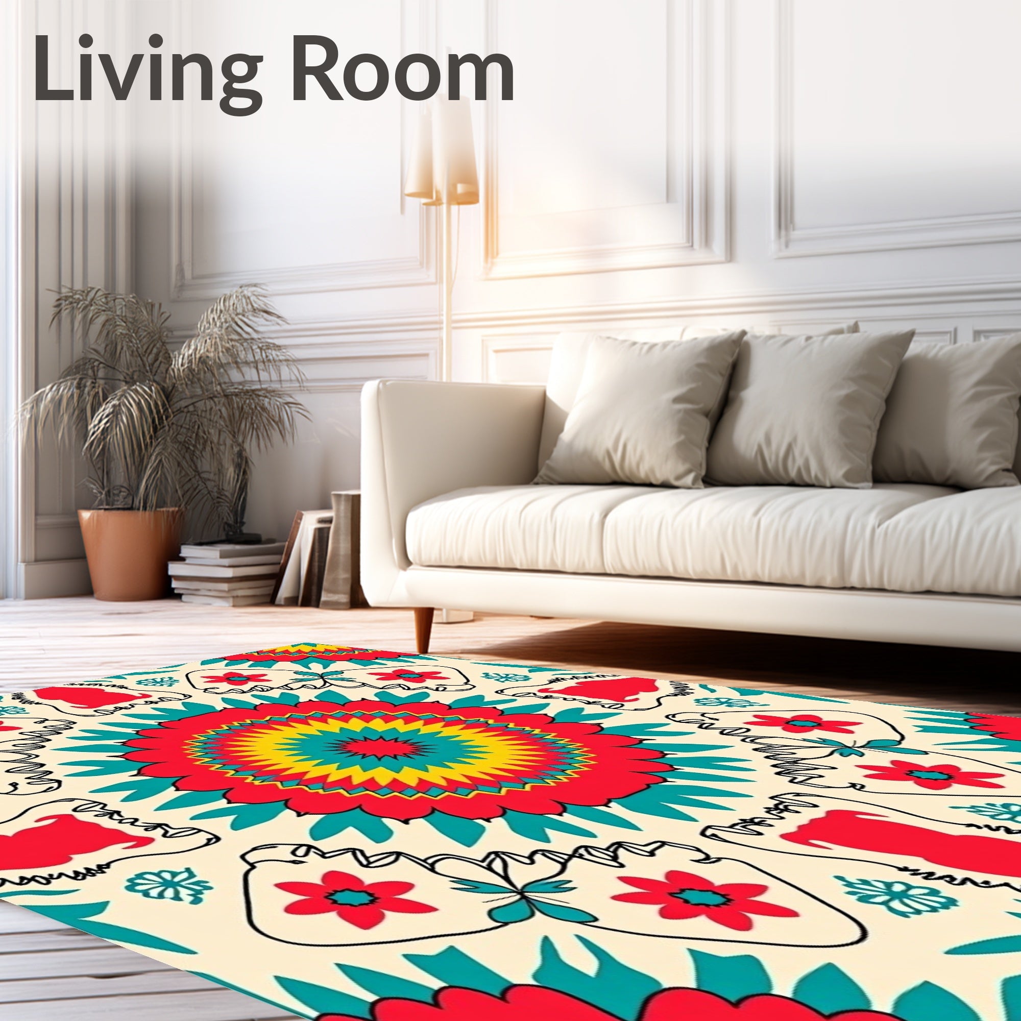 Bold Red Yellow Teal Sunburst Rug