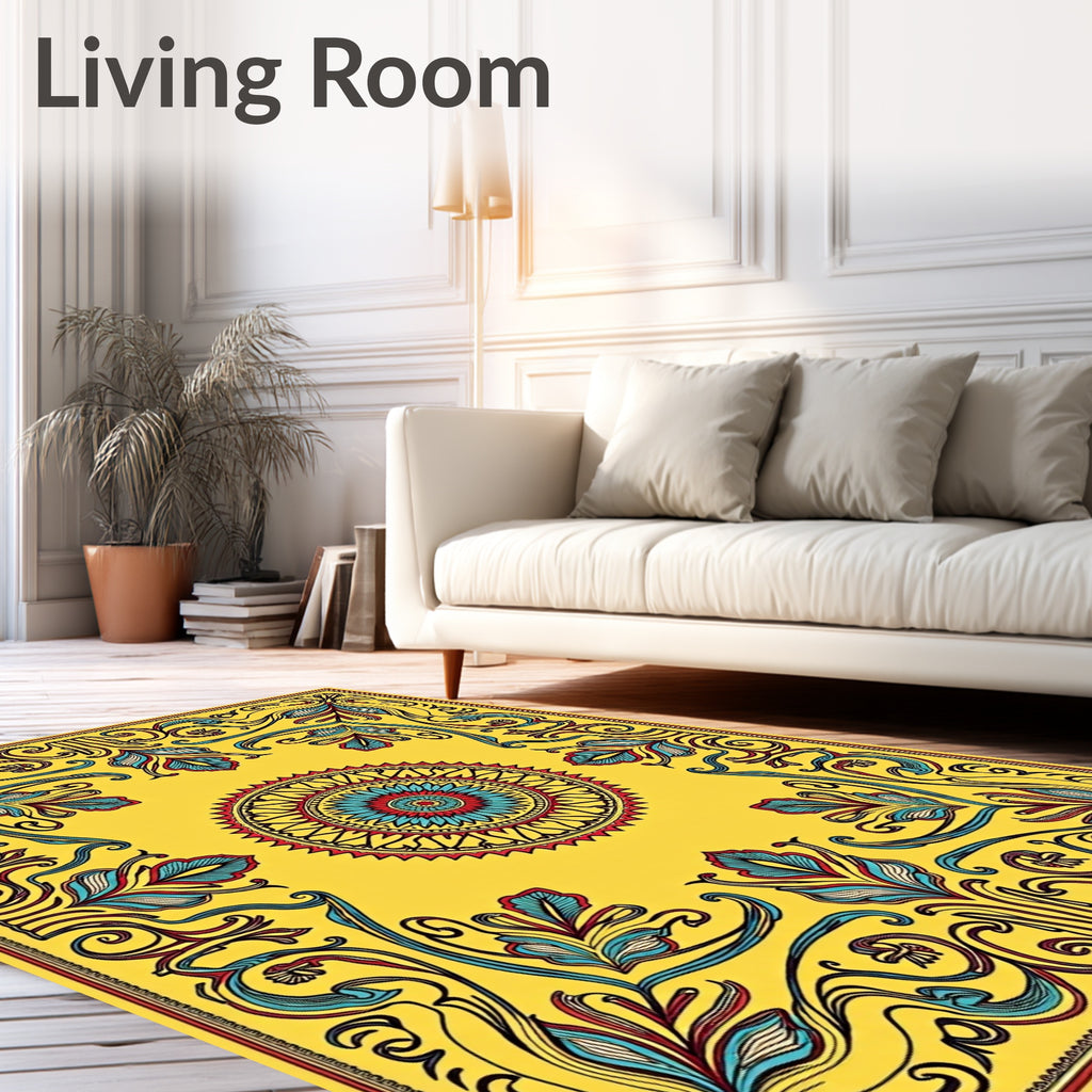 Vibrant Yellow Floral Medallion Border Rug