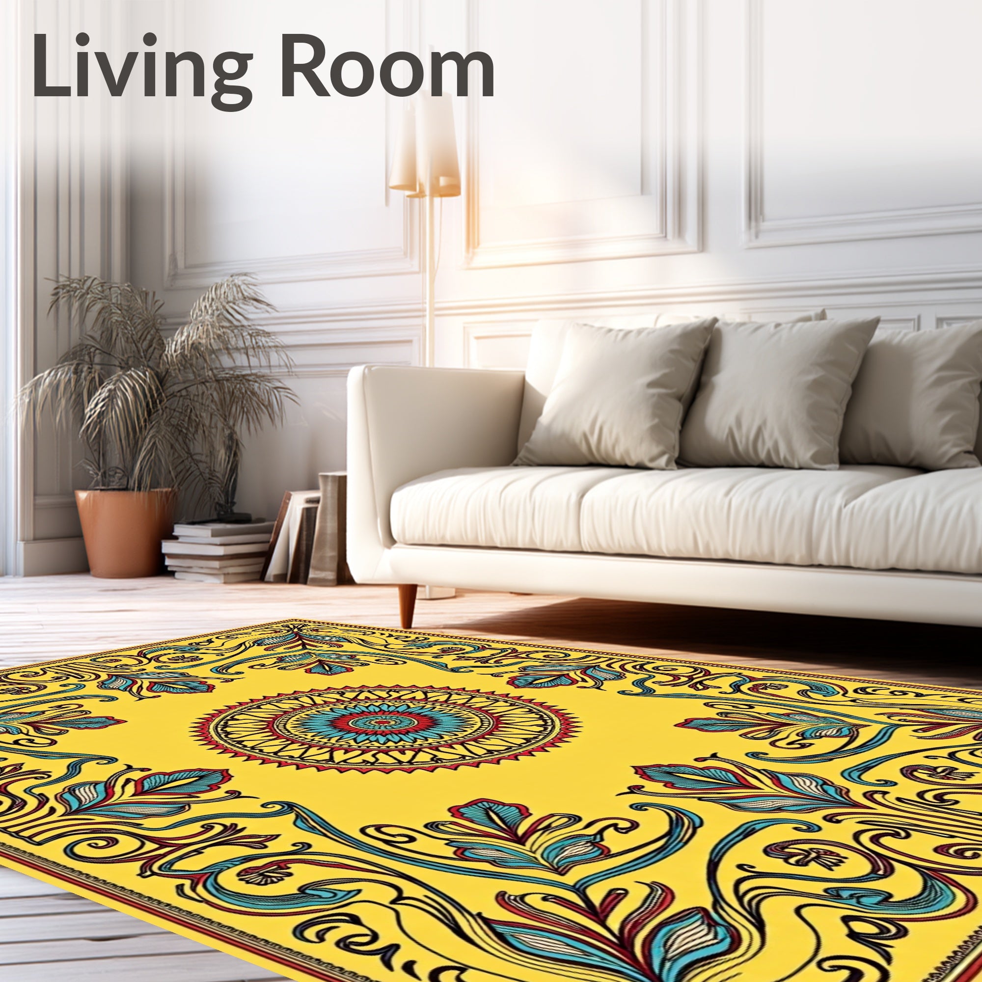 Vibrant Yellow Floral Medallion Border Rug