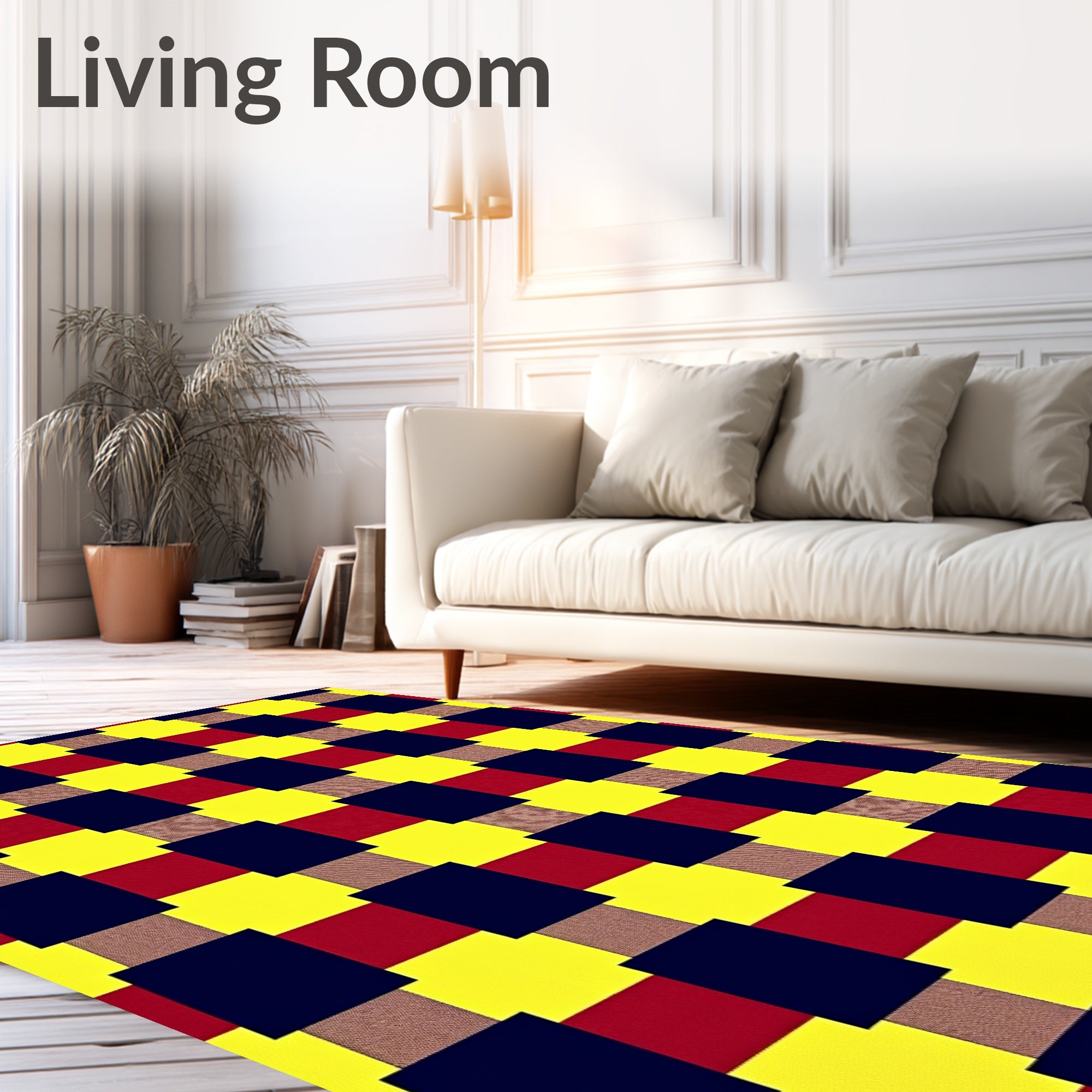 Bold Yellow Red Black Checkered Rug