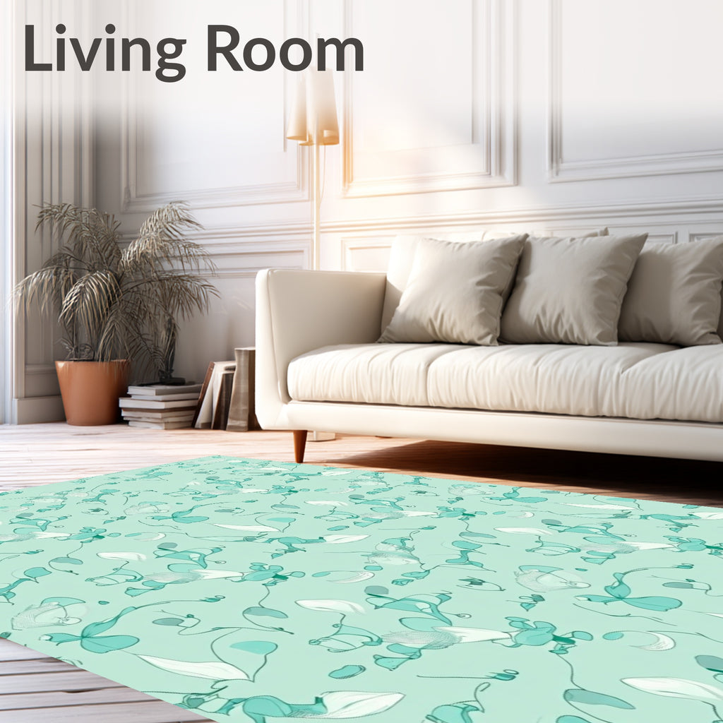 Teal Cream Whimsical Botanical Swirl Rug