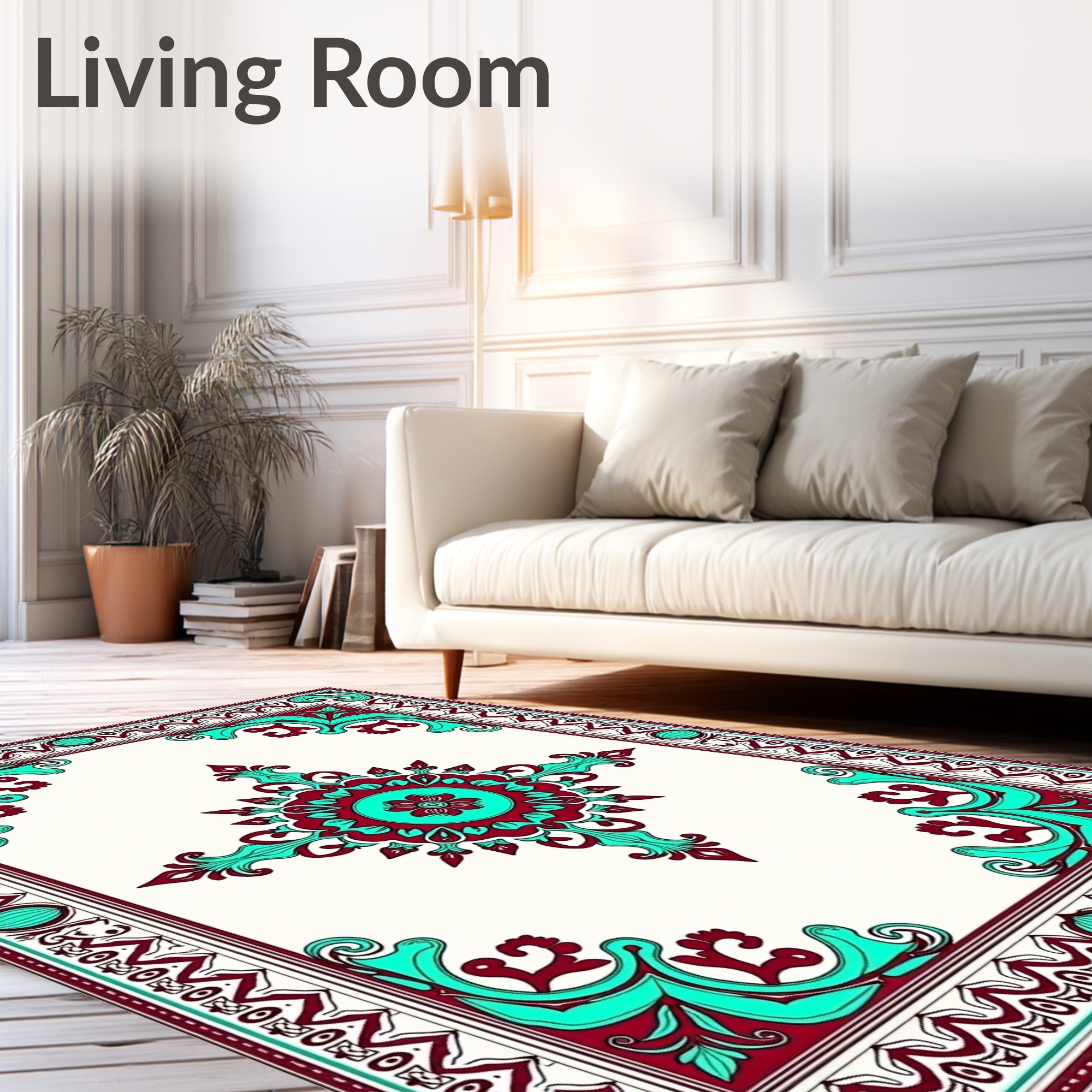 Crimson Teal Medieval Floral Frame Rug