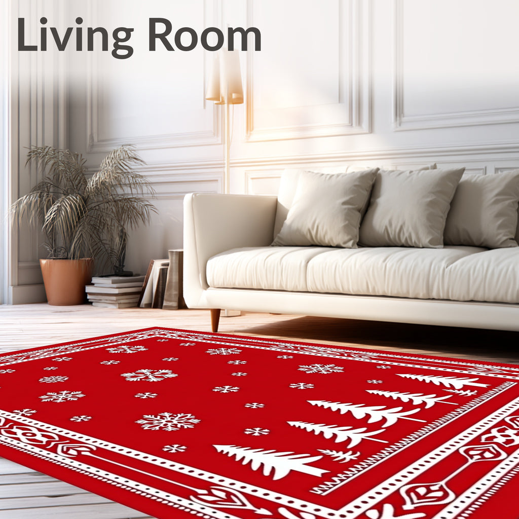 Classic Red Snowflake Forest Border Rug