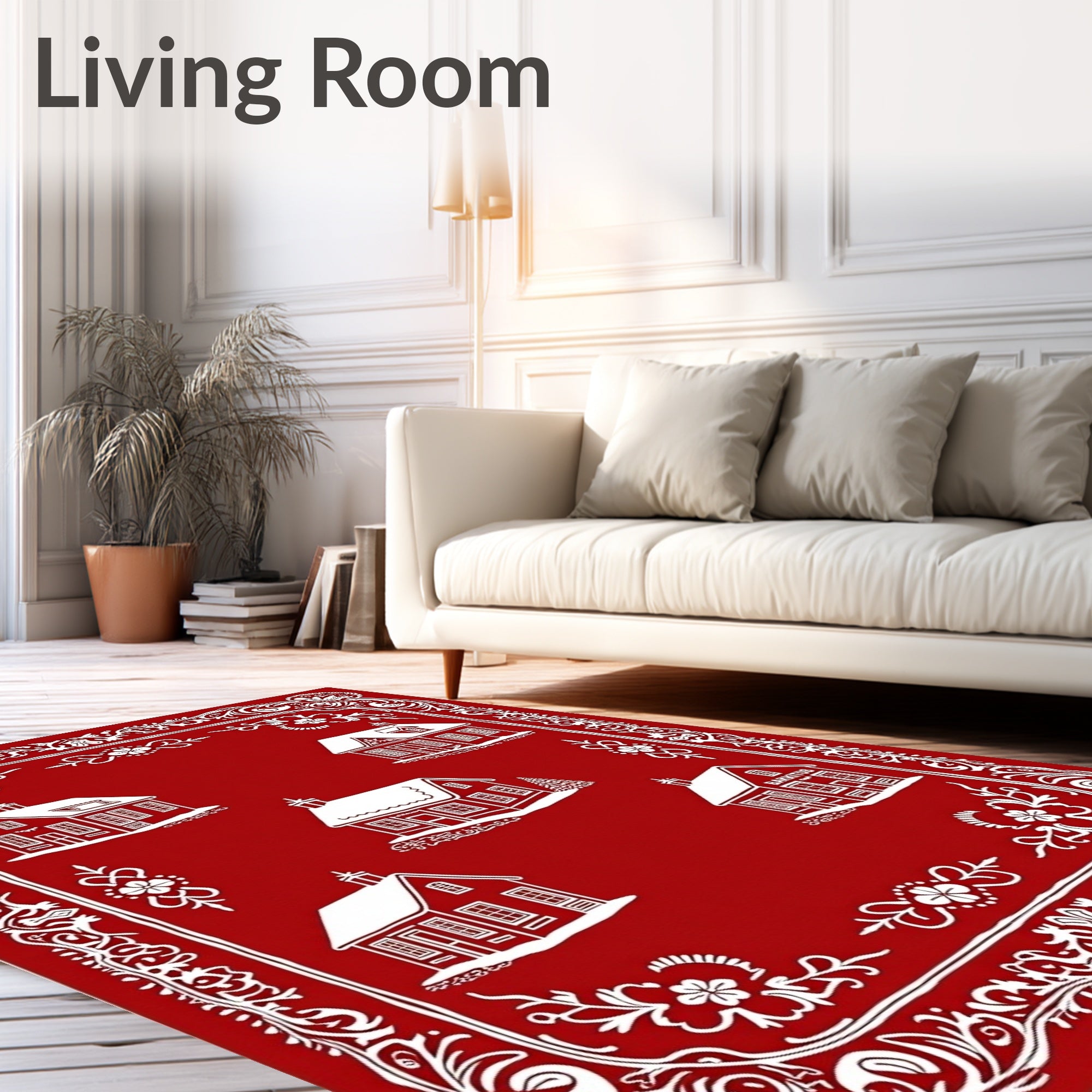 Red White Village Folk Art Rug
