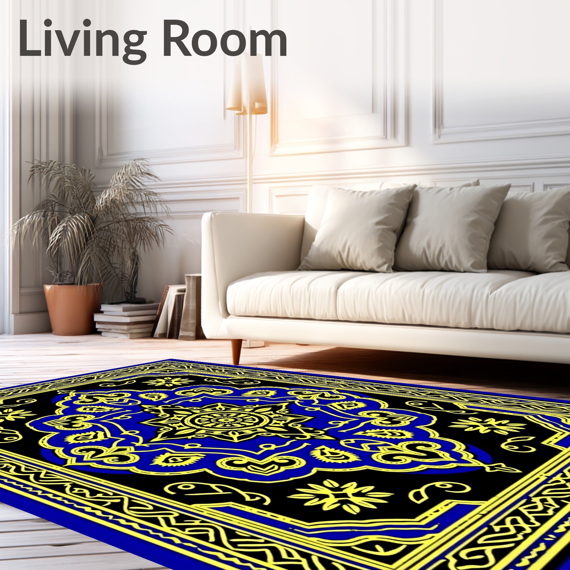 Vibrant Blue Yellow Intricate Medallion Rug