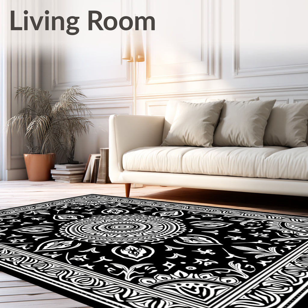 Black White Floral Mandala Border Rug
