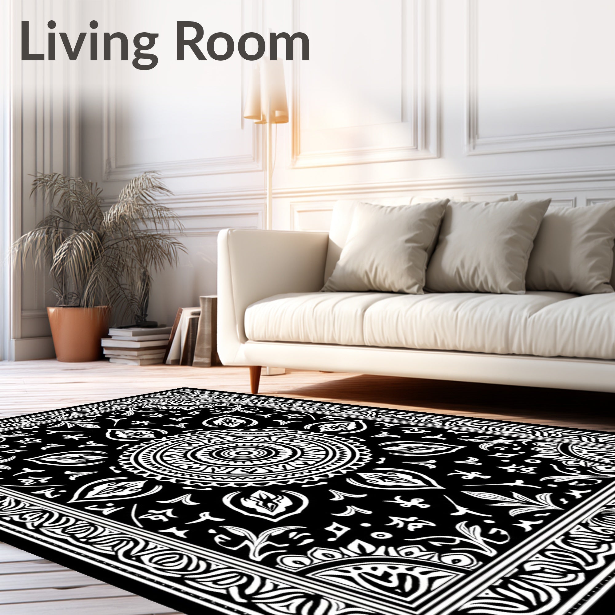 Black White Floral Mandala Border Rug