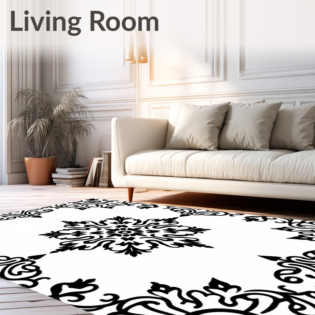 Black and White Scrollwork Medallion Rug