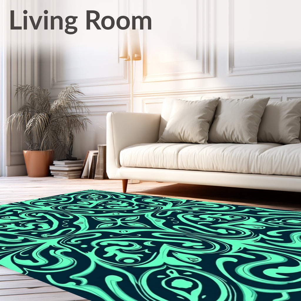 Aqua Black Organic Swirl Medallion Rug
